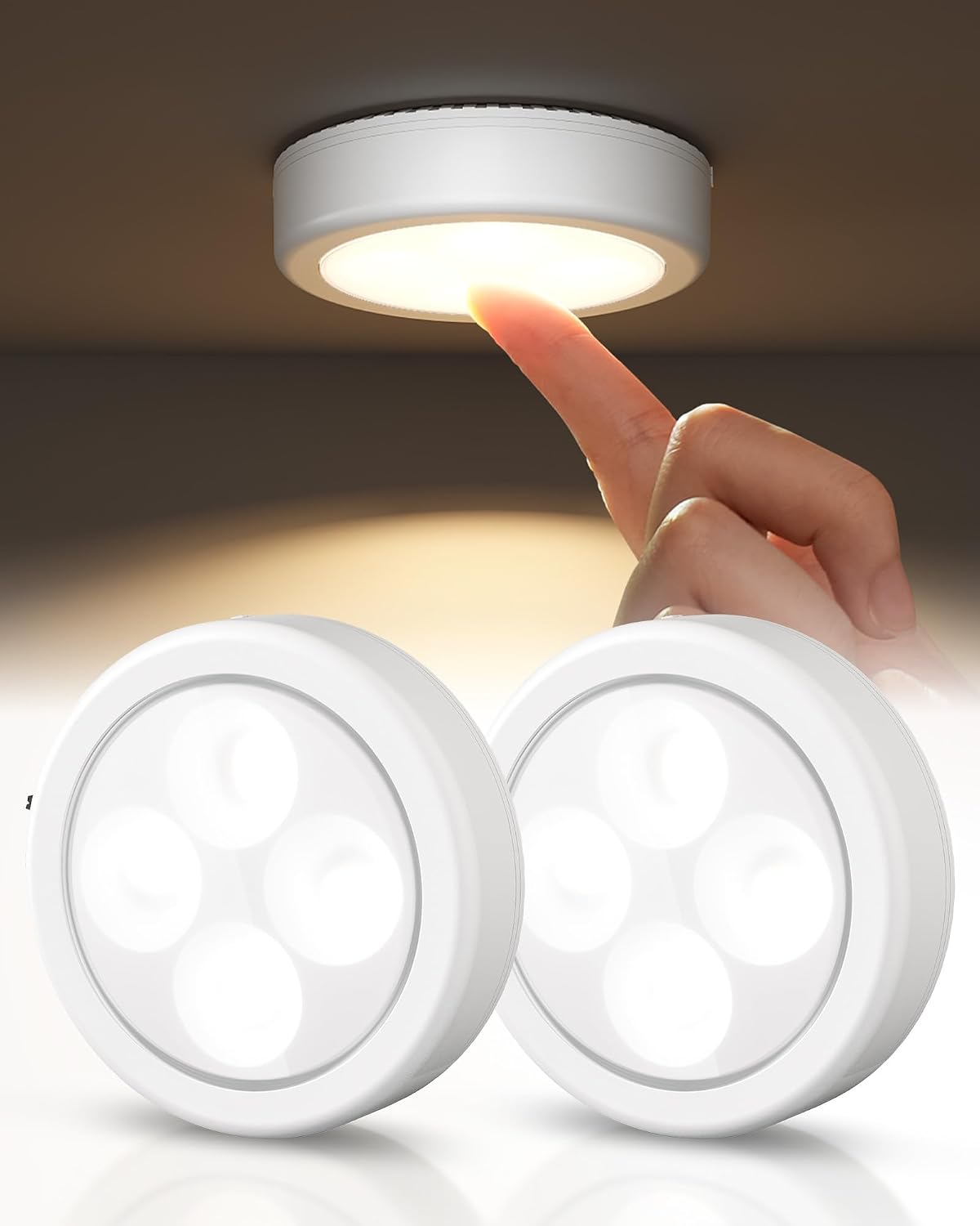 EZVALO LED Puck Lights 2 Pack – Rechargeable Touch Lights with 3 Colour Temperatures for Kitchen Cabinets, Wardrobes & Shelves - Put Light Exactly Where You Need It