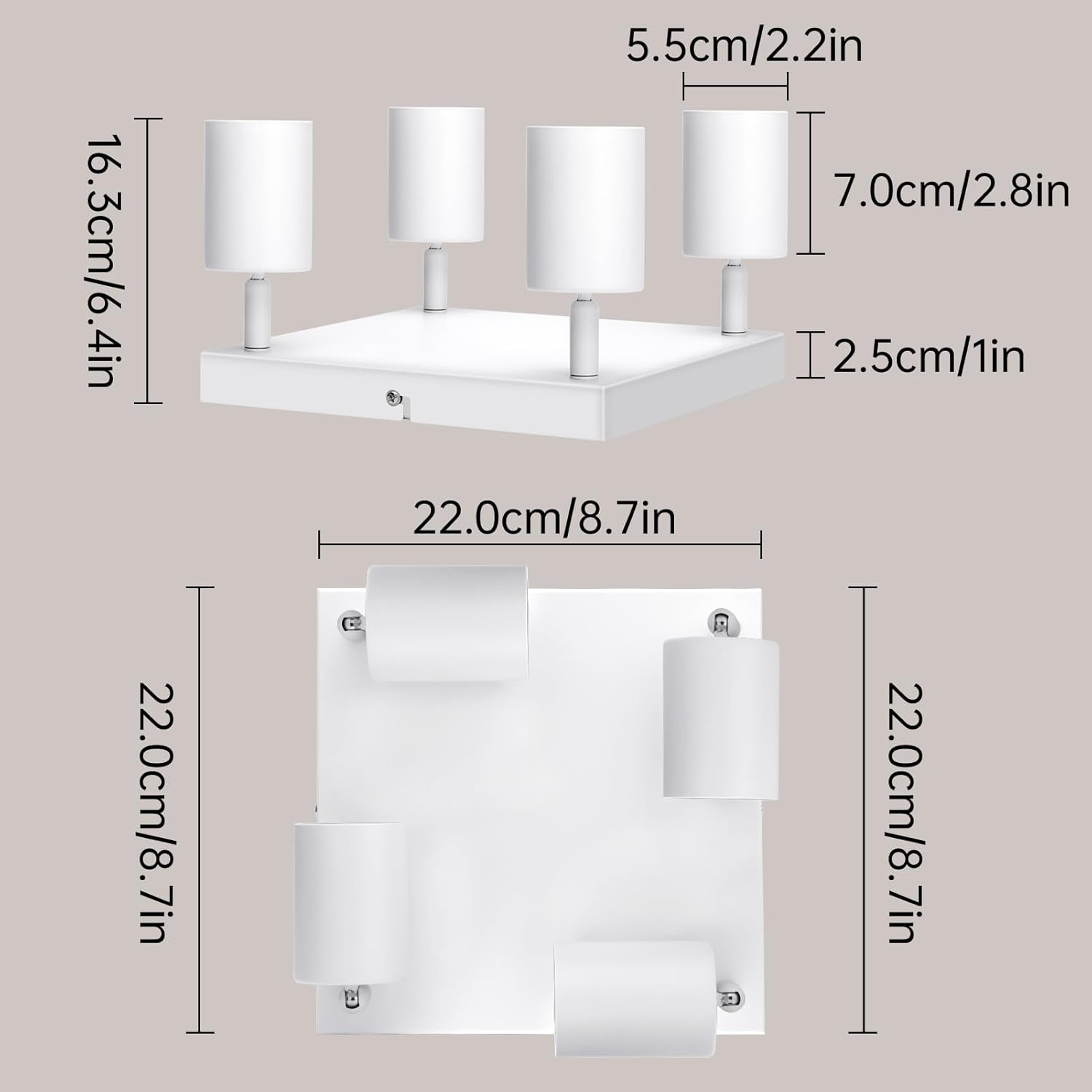 Dimensions of a modern ceiling light fixture on a beige background