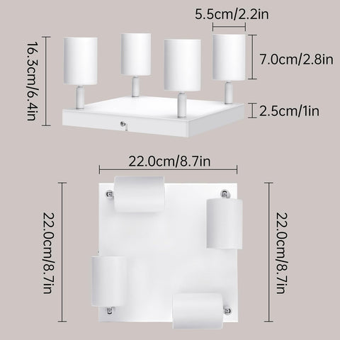 Dimensions of a modern ceiling light fixture on a beige background