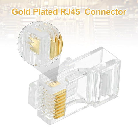sourcing map 100pcs Cat6 RJ45 Pass Through Connectors, RJ45 Crimp Connector 8P8C Gold Plated Plugs for Solid or Stranded UTP Ethernet Cable