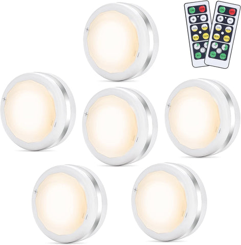 6 Pack Wireless Under Cabinet LED Puck Lights with Remote Control – Dimmable Battery Powered Cupboard, Wardrobe & Kitchen Lights - Put the Right Light Exactly Where You Need It