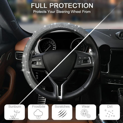 Silver Bling Crystal Steering Wheel Cover – Universal 36-38cm Fit