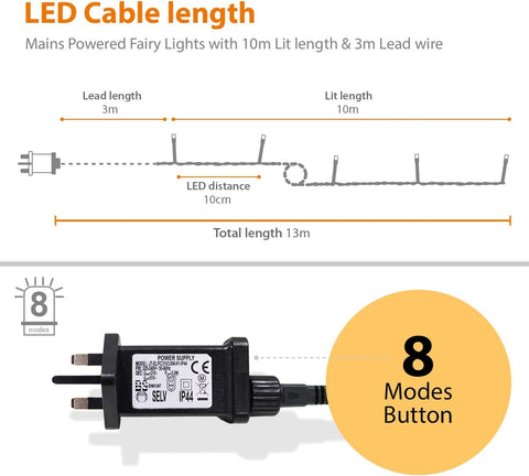 ANSIO Christmas Lights 100 LED 10m Warm White Mains Powered Clear Cable – Indoor & Outdoor Fairy String Lights with 8 Light Functions for Christmas, Weddings & Parties