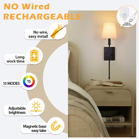 Battery Operated Wall Light Set of 2, Wireless Wall Lights with 15 Colors Dimmable Bulbs,Remote Control, Rechargeable Wall Sconces for Bedroom Living Room