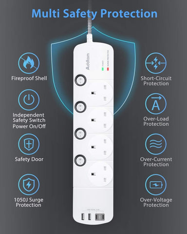 1.8M 4 Way Extension Lead with 4 USB Ports (2 USB-C) – Surge Protection & Individual Switches for a Tidier Home and Workspace