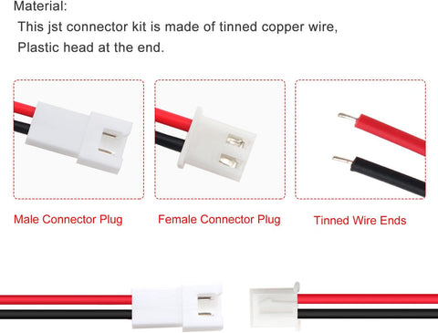 Lyeteung 30 Pairs Mini Micro JST-XH 2.54 Plug Connector, JST 2 Pin Micro Electrical Male and Female Connector Plug Wire Cable, with 150mm 22AWG Wire (Black Red)
