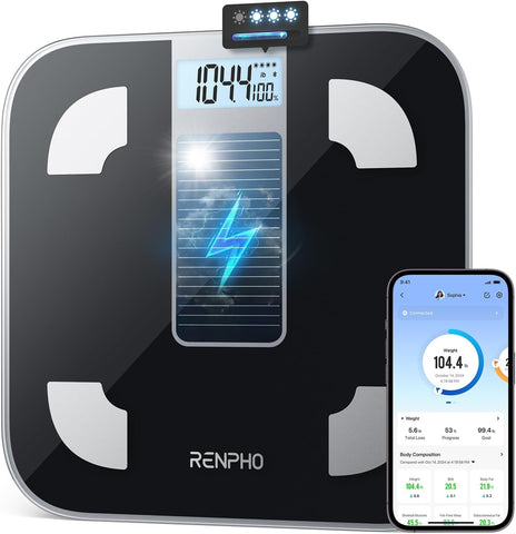 Battery-Free Solar Body Weight Scale – Digital Bluetooth Smart Bathroom Scale with Body Fat & BMI Monitor, 400 lbs