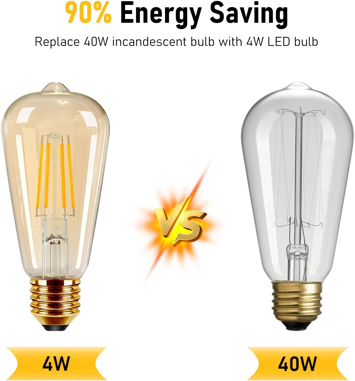 Two light bulbs with text highlighting energy savings and a 'vs' symbol.