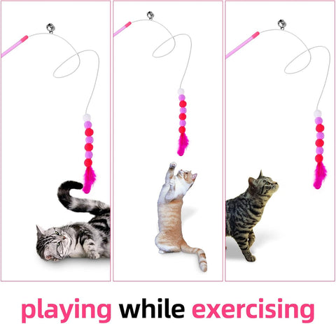 Cobee Cat Feather Toys - Soft Wand with Bell Pompom, Interactive Cat Teaser for Indoor Kittens Pink