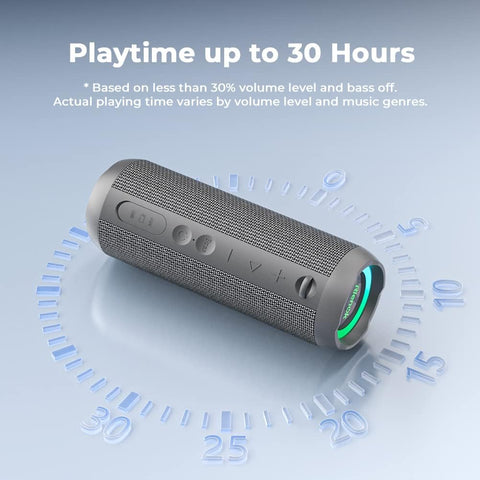 Portable speaker with playtime indication on a light blue background