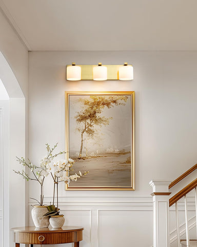 3-Light Matte Brass Bathroom Vanity Light with Frosted Glass Shades