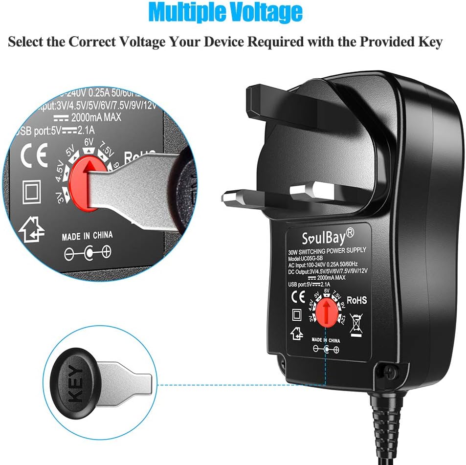 SoulBay power adapter with multiple voltage selection feature and key mechanism.