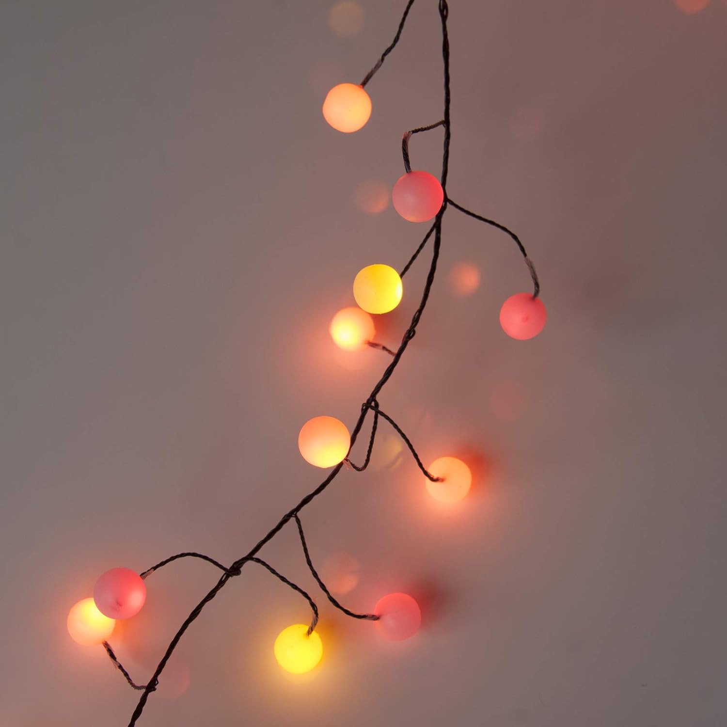 Decorative branch with colorful lights against a neutral background