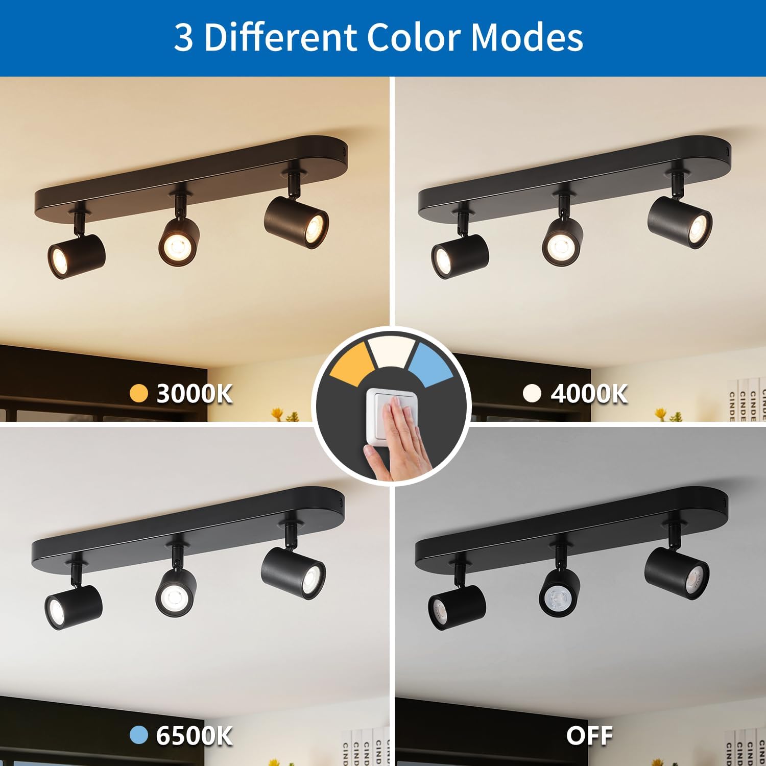 Ceiling light fixture with three different color modes displayed on a white background.