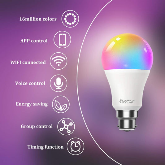 Smart Bulb Alexa Light Bulbs B22 Bayonet, Colour Changing WiFi LED Lamp Bulbs 9W Set of 2 Bulbs
