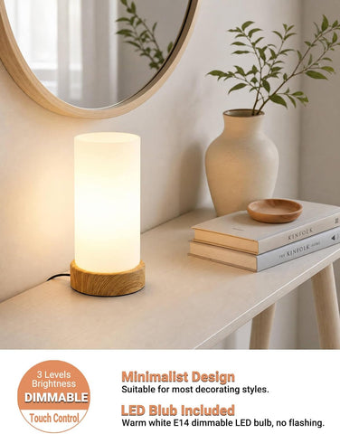 Small Glass Touch Bedside Lamp with 3-Way Dimming, E14 LED Bulb & Wood-Grain Base – Compact Table Lamp for Bedroom, Living Room & Desk