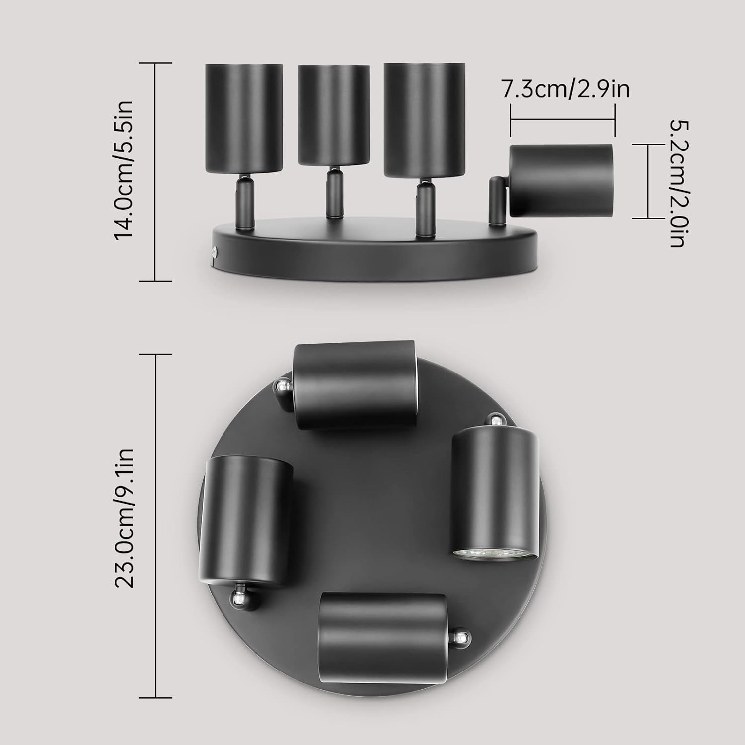 Black wall-mounted light fixture with dimensions indicated on a gray background