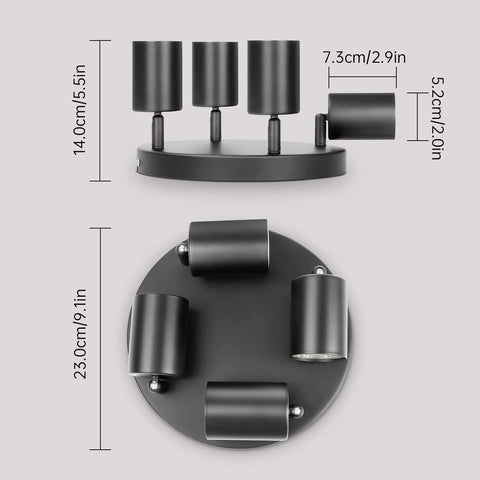 Black wall-mounted light fixture with dimensions indicated on a gray background