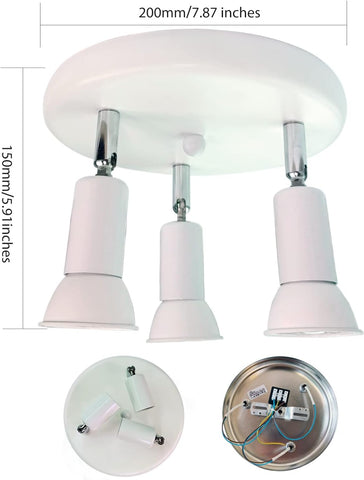 Ceiling light fixture with three white lampshades and measurement details on a white background.
