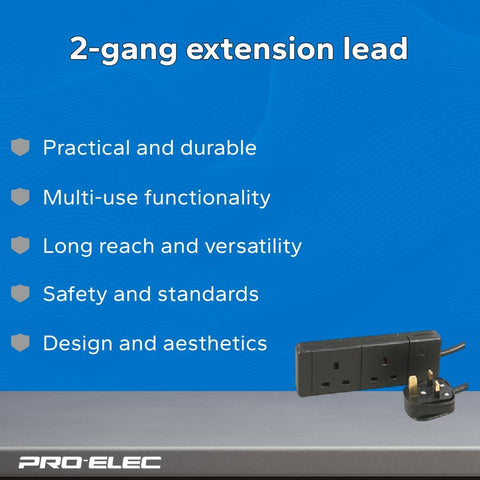 PRO ELEC Extension Lead 2 Socket, 15 Metres in black