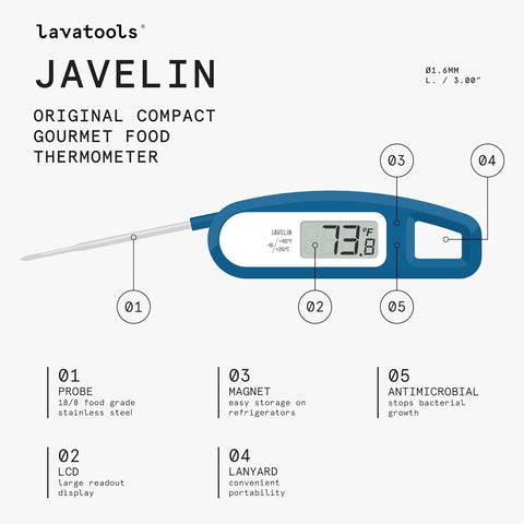 Javelin Ultra Fast Digital Meat Thermometer – Instant Read, 2.75" Probe, Foldable Compact Design, Splash Resistant – Rhubarb