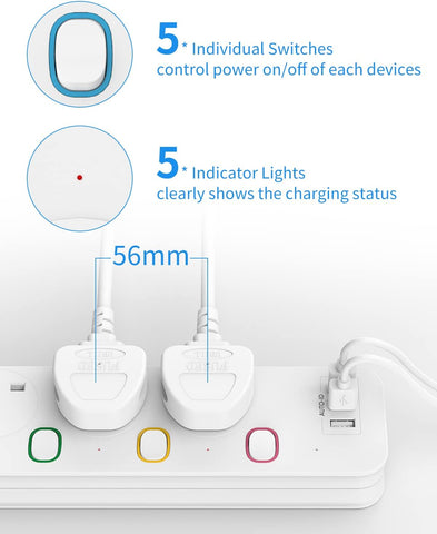 Mscien Extension Lead with 4 Sockets, 3 USB Ports, 3m Cable & Individual Switches – Keep Your Desk Tidy and Your Everyday Devices Within Reach