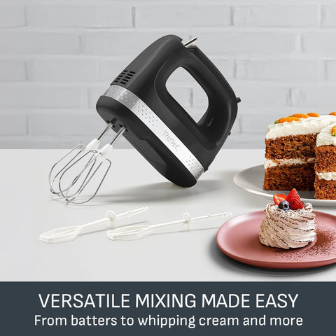 Tefal Black Collection Compact Hand Mixer – 200W Electric Mixer with 2 Speeds, Stainless Steel & Emulsion Whisks, Dishwasher Safe