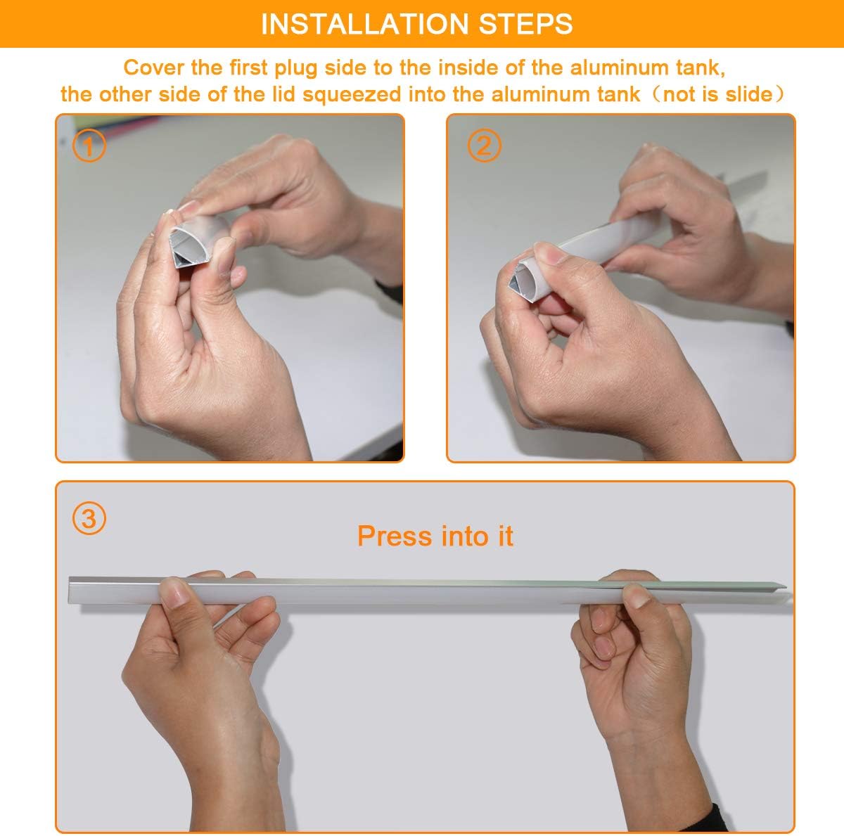 Step-by-step installation instructions for a product, showing hands performing actions on a white background.