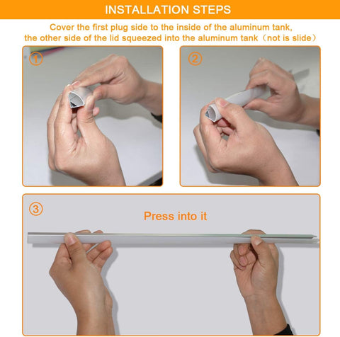 Step-by-step installation instructions for a product, showing hands performing actions on a white background.