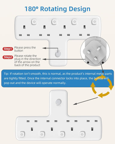 Mscien 4 Way Plug Adapter UK – 180° Rotating Multi Plug Extension with Individual Switches & Surge Protection – Keep Your Everyday Essentials Powered Without the Socket Struggle