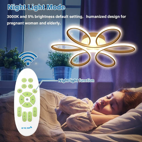 Decorative ceiling light with remote control in a bedroom setting, highlighting night light mode.