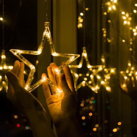 Jsdoin Christmas LED Star Curtain Lights – 12 Stars 138 Warm White String Lights with Remote Control