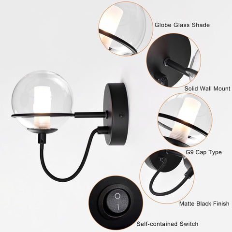 Modern Matt Black G9 Wall Light with Switch