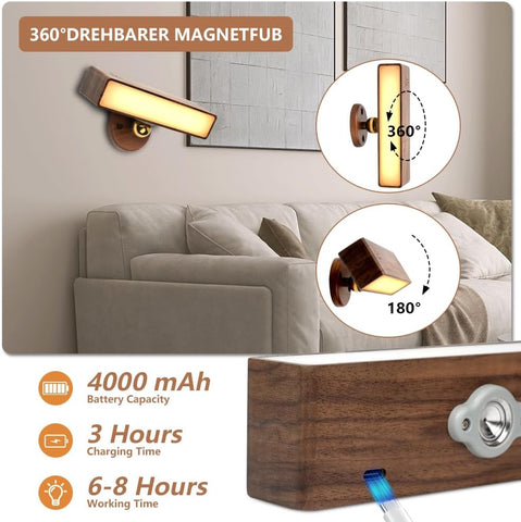 Battery Operated Wall Lights, Indoor Sconce Wall Light 360° Rotatable Magnetic, 4000mAh Rechargeable Wireless Wall Lamp, Touch Control Dimmable Wireless Wall Sconce for Bedroom, Living Room