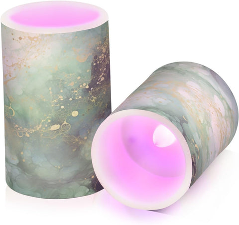 Green Marble Flameless LED Candles Set of 2, Battery Operated Decorative Candles with Remote & Timer