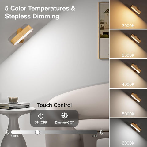 Battery Operated Wood Grain Wall Sconces, Wireless LED Wall Sconce Set of Two for Bedroom, Rechargeable Wall Lights for Picture, 5 Modes Dimmable Wall Lamps for Living Room, 2 Pack