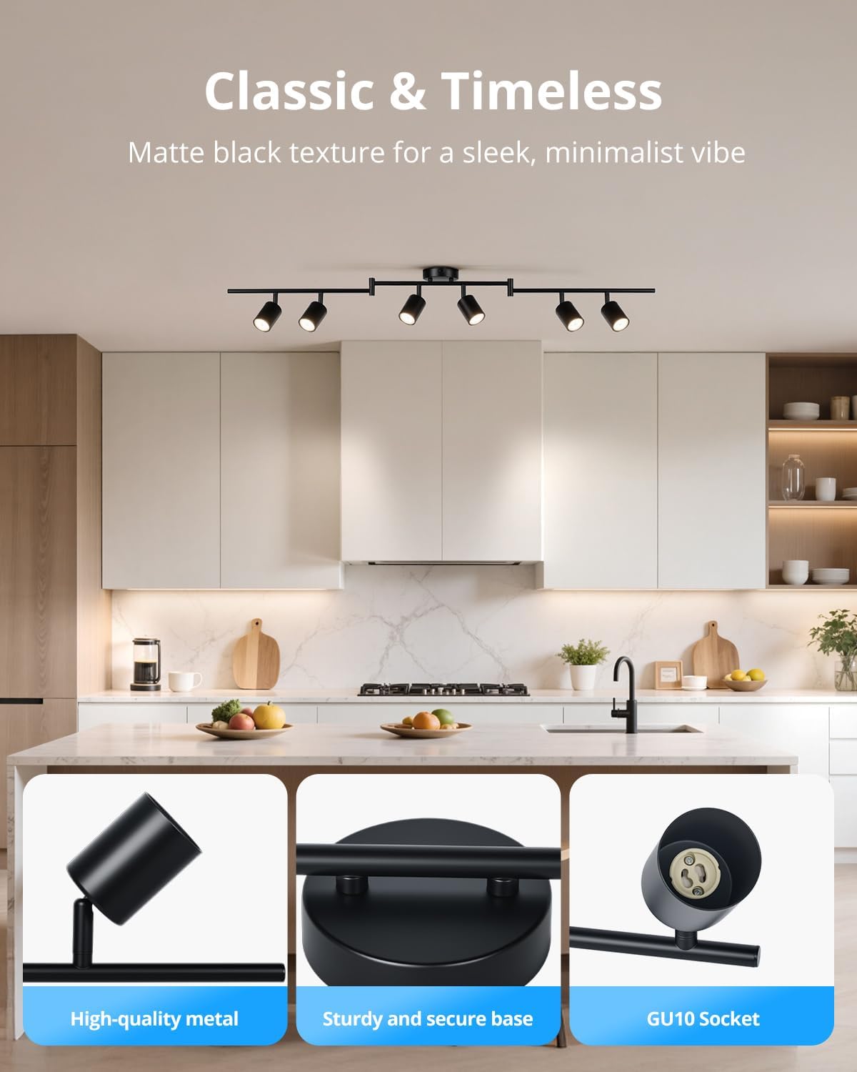 Modern kitchen with a track light fixture, emphasizing its classic and timeless design.