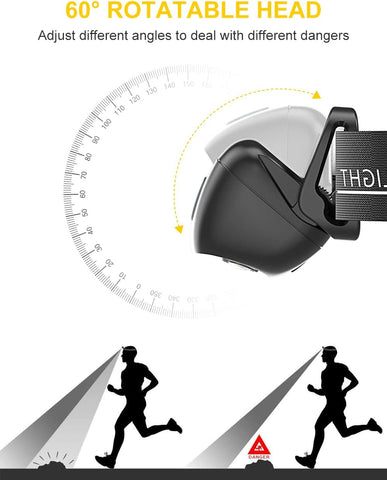 60-degree rotatable head light with adjustable angles for safety.
