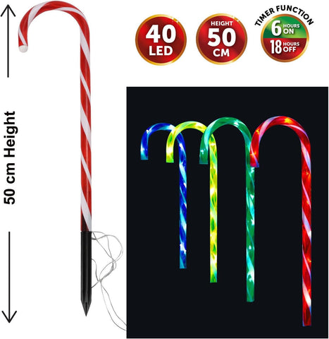 Christmas Set of 4 Candy Cane Red & White Light Up 50cm Stakes Garden Path Patio 40 LEDs Outdoor Indoor Festive Lighting Novelty Xmas Pathway Decorations (Multi-Coloured)