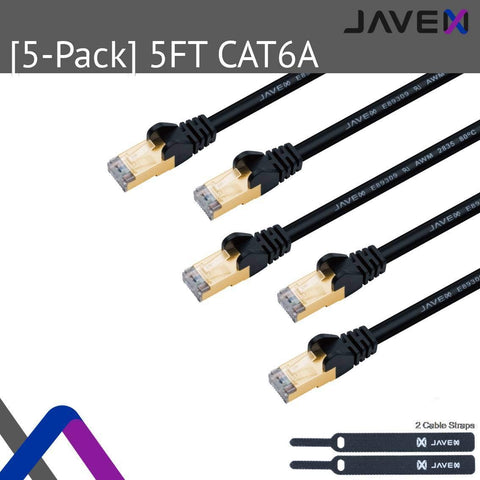 JAVEX Cat6A/Cat7 Ethernet Patch Cable 1.5M 5-Pack S/STP Black 10Gbps 600MHz RJ45 Gold Plated UL Listed High Speed Network LAN Cable UK