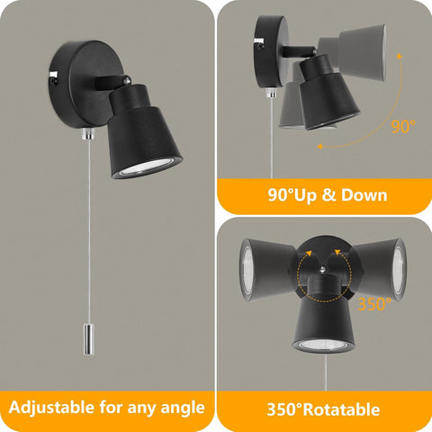 Black Wall Lights with Pull Cord Switch GU10 - Modern Pull Cord Light Switch 350° Rotatable - Indoor Wall Sconce Lights for Bedroom Bedside Living Room Kitchen