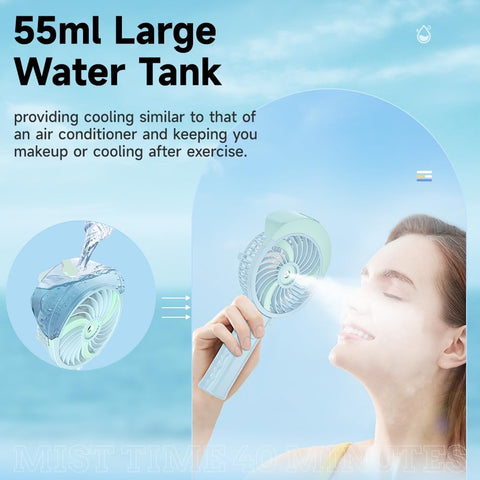 HandFan Handheld Fan Misting Hand Held Fan Rechargeable Battery Operated Portable 3 Speeds & 55ml Spray &180°Foldable With Metal Clip USB Personal Water Fan For Travel Camping Outdoor Women
