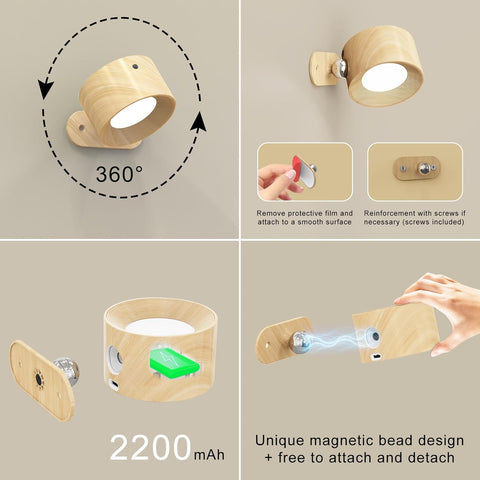 LED Wall Lights with USB Charging Port 2 Pcs Reading Light, Dimmable Touch Control 3 Brightness Levels Wall Spotlights 360 Free Rotation Bedside Lamp for Bedroom Remote Control Woodgrain