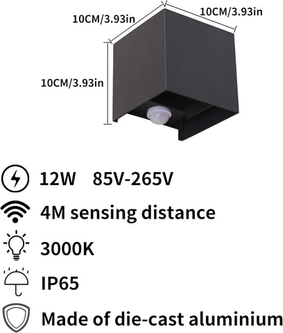 Outdoor Wall Lights with Motion Sensor 2 Pack, 12W Up Down PIR Lights, 3000K Warm White, IP65 Waterproof Black LED Wall Sconce for Front Door