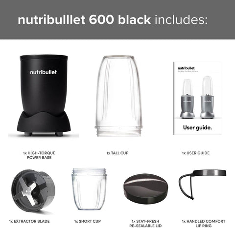 Blender 600 Series 7 Piece Kit Black – 600W Personal Smoothie Maker with 20,000 RPM Power Base, Blends Frozen Fruit, Nuts & Ice – Includes Tall & Short Cups, Handled Ring & Lid