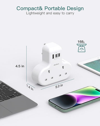 Addtam Double Plug Adaptor with 3 USB Ports (2 USB-C), 2-Way Multi Plug Extension Socket – Keep Your Everyday Charging Neat, Simple and Within Reach