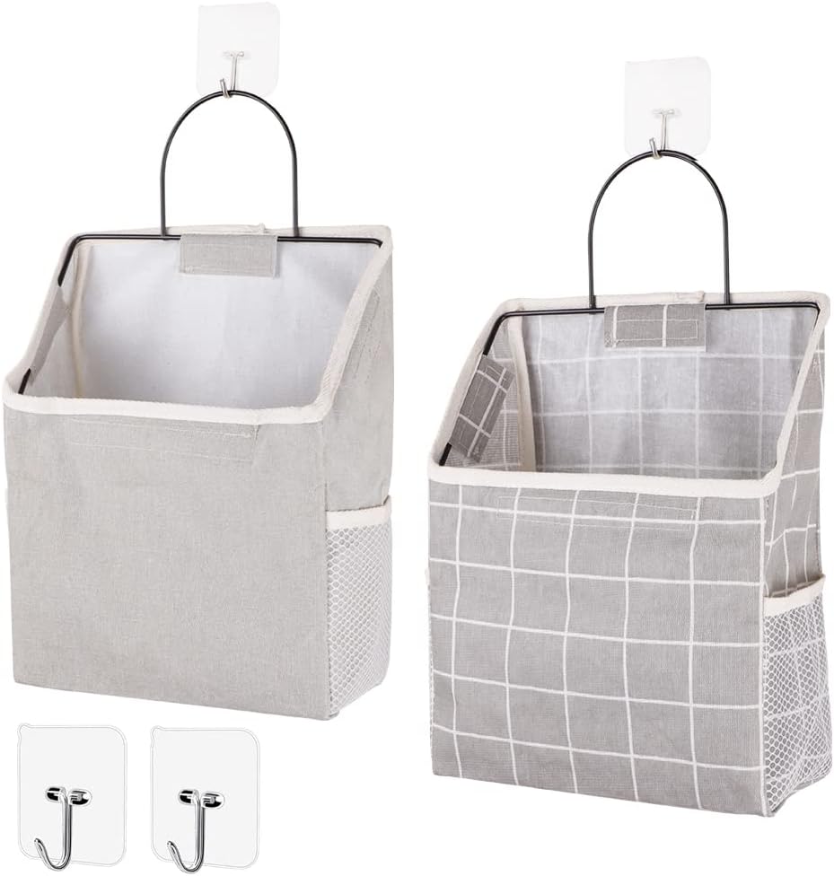 BieFuSin 2-Pack Wall Hanging Storage Bags, Grey Plaid Cotton Linen Organisers with Metal Frame, Waterproof Lining & Side Mesh Pockets for Bedroom, Bathroom & Kitchen