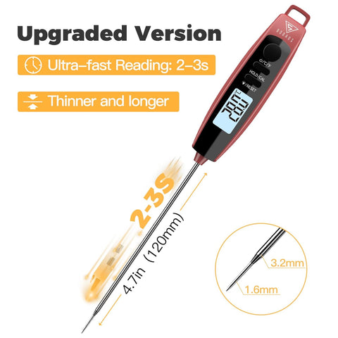 Instant Read Meat Thermometer with LCD Backlight, Black Red