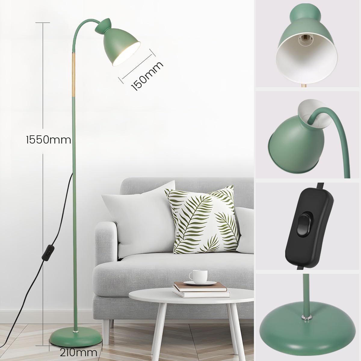 Green floor lamp with measurements and close-up details on a white background