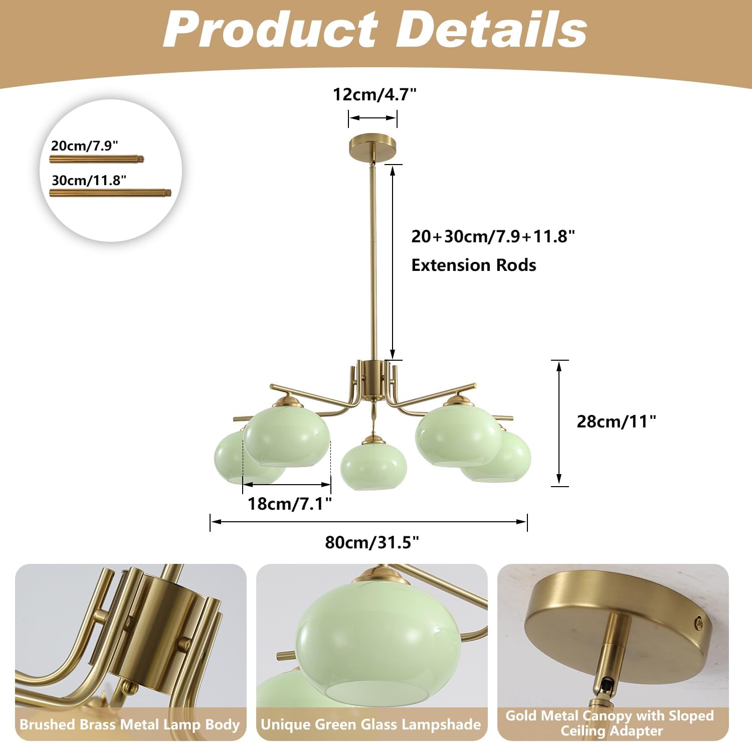Chandelier with measurements and product details on a beige background